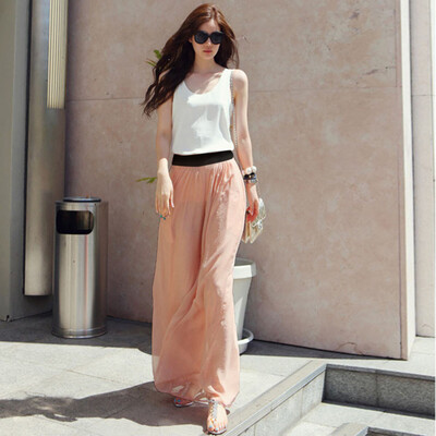 

Roseonmyhand Women Casual Solid Stretch High Waist Skirt Plain Flared Pleated Long Skirt