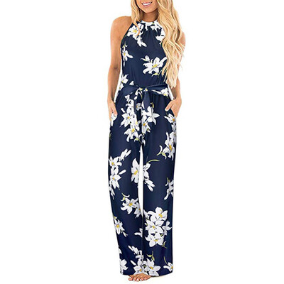 

Starmoon Womens Halter Neck Sleeveless Floral Long Jumpsuit Loose Belted Pocket Jumpsuit