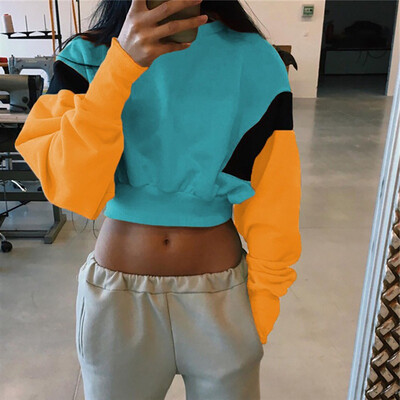 

Women Autumn Fashion Concise Casual All-match Color-blocked Long Sleeve Round Collar Hoodie