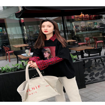 

New fashion casual plaid stitching print fake two long sleeve loose bottoming shirt womens shirt plaid stitching shirt women1