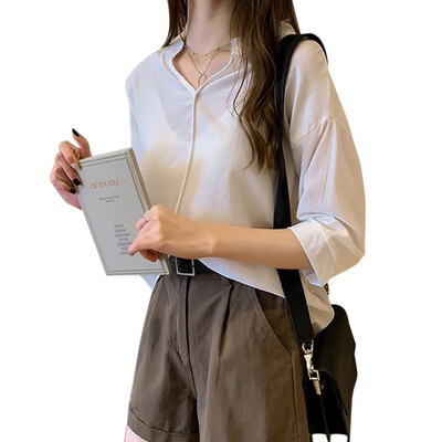 

Women Blouse Short Sleeve Beach Shirts V Neck Summer Casual Loose Tops Fashion Chiffon Blouse Pure Basic Soft Tops Summer