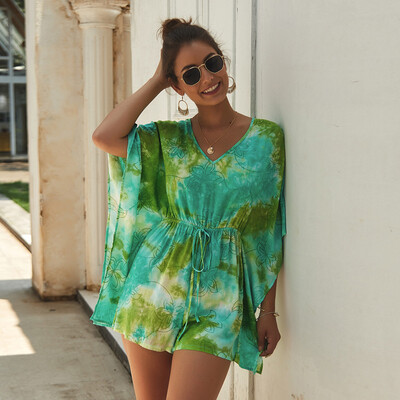 

Starmoon Women Fashion Boho Casual Dye Print Short Sleeve Ladies V-Neck Short Jumpsuits