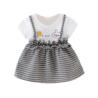 

0-24M 1PC Children Baby Summer Girls Cute Plaid Fake Two Piece Bottoming Short Sleeved Sweet Casual Princess Dress