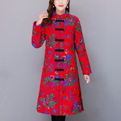 

Gobestart Elderly Women Special Button Printing Design Cozy Leisure Warmr Winter Long Coat