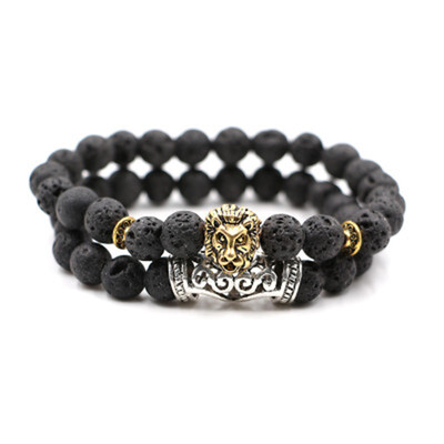 

Lion Head Natural Weathering Agate Volcanic Stone Round Beads Bracelet 2-Piece Set Unisex Pair Hot Gift