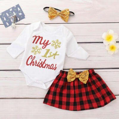 

My 1st Christmas Newborn Baby Girl Romper JumpsuitPlaids Skirt Outfits Clothes