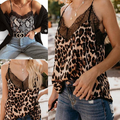 

New Women&39s Sexy V-Neck Leopard Print Vest Sleeveless Tops Slim Stretchy Blouses
