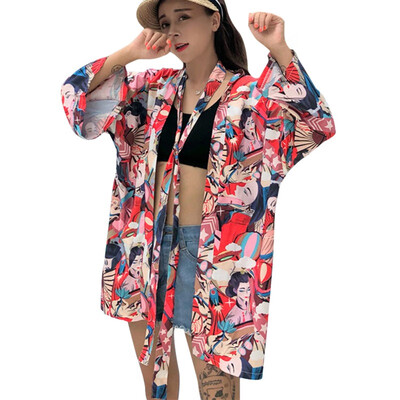 

Vintage Japanese Harajuku Style Coat Kimono Jacket women Japanese Girlfriends kimono Print Beach CardiganChaqueta Mujer