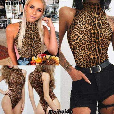 

US Women Turtle Neck Leopard Stretch Leotard Bodysuit T-Shirt Top Blouse Romper