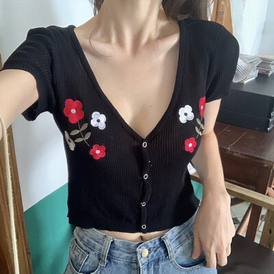 

Women Summer Fashion Concise Casual All-match Sexy Flower Embrodiery V-neck T-shirts