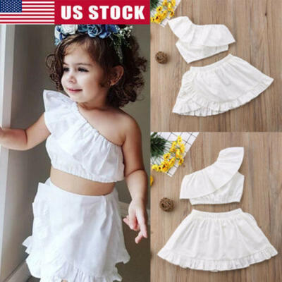 

US STOCK 2PCS Toddler Baby Kids Girl Off Shoulder Crop Tops & Skirt Dress Outfit