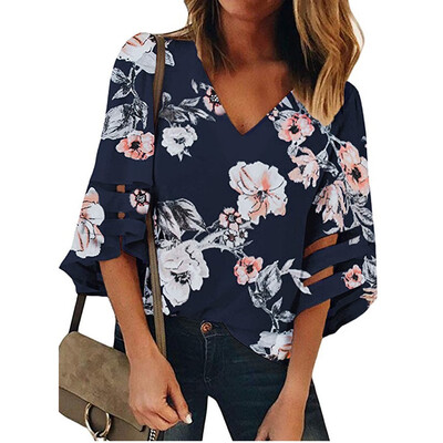 

Starmoon Womens V Neck Floral Mesh Panel Blouse 34 Bell Sleeve Casual Loose Top Shirt