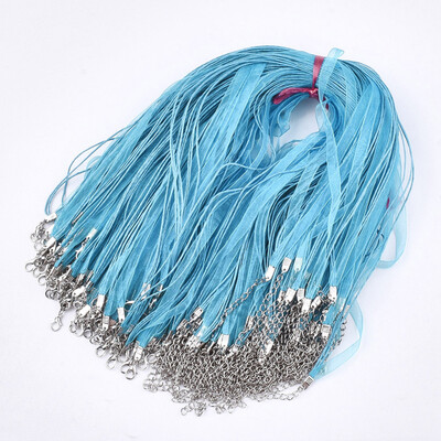 

Waxed Cord&Organza Ribbon Necklace Making with Iron Lobster Claw Clasps Platinum DeepSkyBlue 176"178"45455cm 7mm