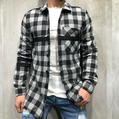 

Mens Large Size Print Button Down Long Sleeve Shirt Top Casual Plaid Shirts
