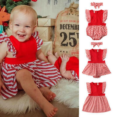 

Toddler Baby Girl Xmas Christmas Romper Dress Red Stripe Bodysuit Outfit Clothes