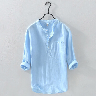 

Toponeto Mens Causal Shirt Long Sleeve Top Button Cotton Linen Solid Color Loose Blouse