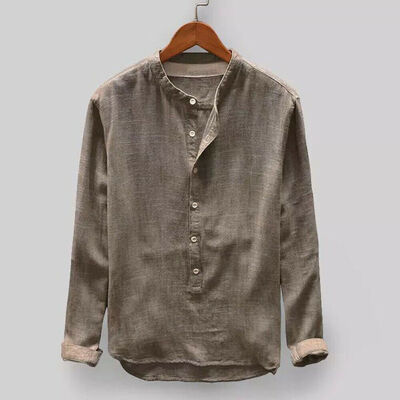 

Mens Linen Long Sleeve Shirt Summer Cool Loose Casual V-Neck Shirts Tops -3XL