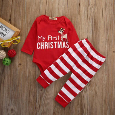 

Infant Baby My First Christmas Cute Romper BodysuitStripe Pants Outfit 2Pcs