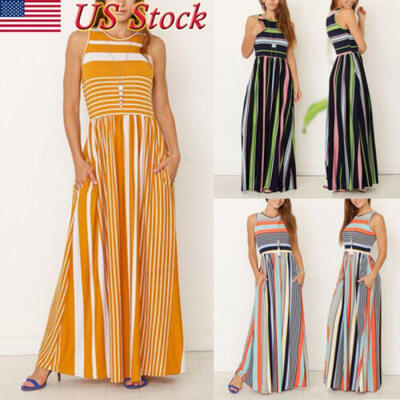 

Women Summer Stripe Boho Party Evening Beach Dresses Long Maxi Dress Sundress US
