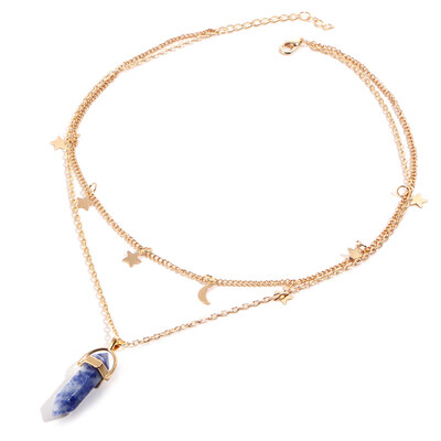

Fashion Natural Opal Stone Moon Star Choker necklaces for Women Gold Color Double Layer Crystal Pendant Necklace Jewelry