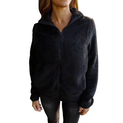 

Womens Long Sleeves Plain Warm Coat Ladies Zipper Loose High Neck Soft Jacket
