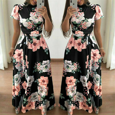 

Womens Summer Boho Floral Short Sleeve Long Maxi Dress Party Beach Sundress