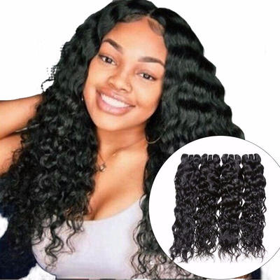 

4 Bundles Water Wave Indian Human Hair Bundles Deal Natural Black Non-Remy Hair Extensions Can Be Dyed
