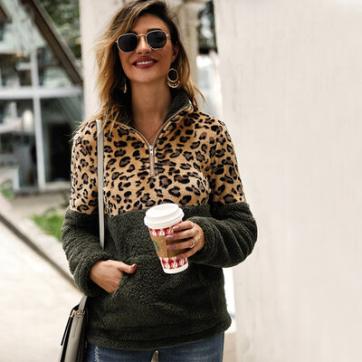 

Women Plush Sweater Coat Leopard Stitching Long Sleeve Casual Warm Winter Autumn Loose Tops