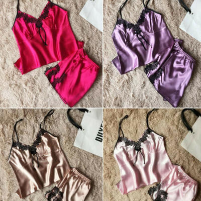 

2Pcs Ladies Sexy Satin Silk Sleepwear Babydoll Lingerie Nightdress Pyjamas Suit