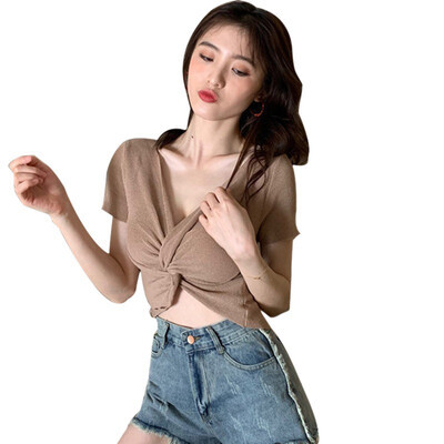 

Summer Short Sleeve Crisscross Knitted Crop Top Women Casual V Neck Solid T Shirt Women Slim Tops Camisetas Mujer