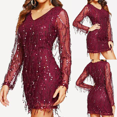 

〖Follure〗Fashion Women Casual V-Neck Lace Sequin Solid Long Sleeve Bodycon Dress
