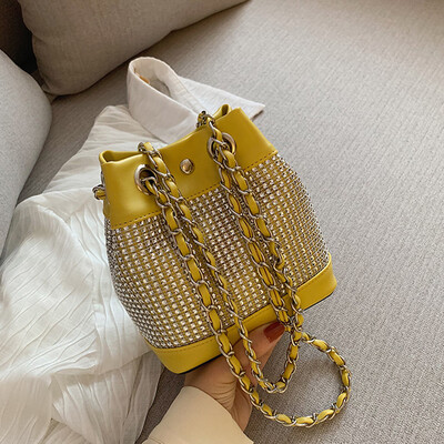 

Tailored Fashion Women Sequins Handle Bag Bucket Leather Bag Diamonds Chain Shoulder Bags