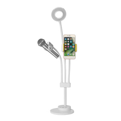 

3 in 1 Lazy Bracket Phone Stand with Microphone Holder Flexible Cellphone Clip with 24 LED Lightbeads Selfie Ring Light for Live S