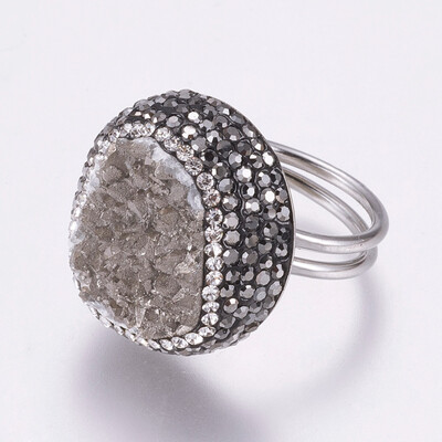 

304 Stainless Steel Rings with Polymer Clay Rhinestone Druzy Quartz Flat Round Size 8 Platinum Gray 18mm