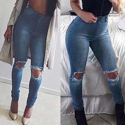

〖Follure〗Fashion Womens Plus Size Pocket Hole Jeans Denim Button Zipper Sexy Slim Pants