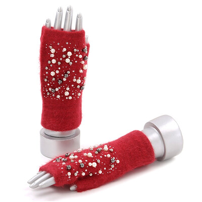 

Women Fashion Warm Winter Knit Pear Rhinestone Fingerless Gloves