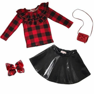 

UK 3PCS Newborn Kid Baby Girl Clothes Plaid TopsLeather Tutu Skirt Outfits Set