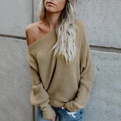 

〖Follure〗Women Solid Long Sleeve Off Shouder Knitted Sweater Jumper Pullover Top Blouse