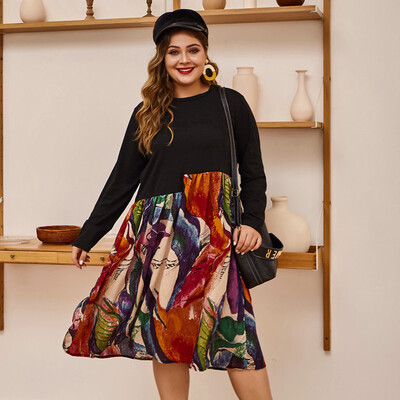 

Tailored Women Casual Long Sleeve O-Neck Print Splice Plus Size A Line High Waist Dress