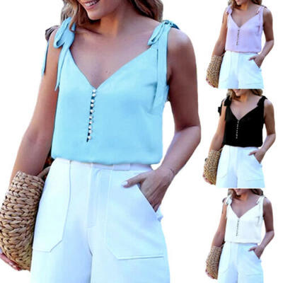 

Summer Women Sleeveless V Neck Tank Tops Vest Ladies Beach Loose Cami Blouse US