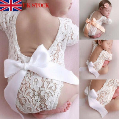 

UK Newborn lace photo clothing bow hair band set two-piece photography props New