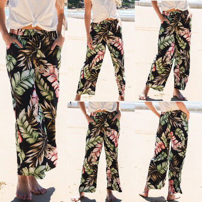 

Women Beach Pants Ankle Length Print Loose Casual Elastic Pants Trousers