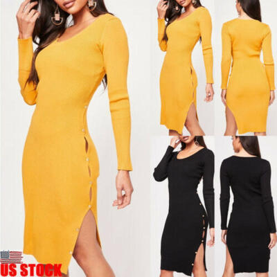 

Womens Long Sleeve Bodycon Knitted Split Party Evening Cocktail Short Mini Dress