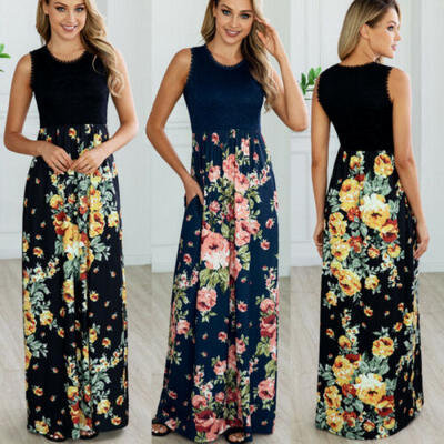 

Women Sleeveless Flower Print Summer Beach A Line Casual Dress Party Dress CA