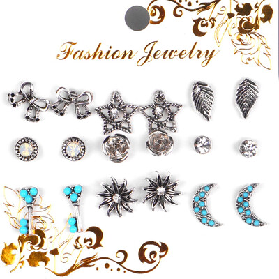 

Fashion Pearl Crystal Heart Stud Earring Set Multi element Leaves the Moon Key Diamond Earrings Earrings Set