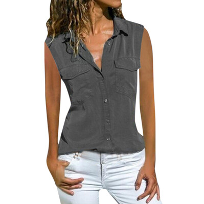 

Starmoon Women Casual Solid Sleeveless Turn Down Collar Pockets Button Front Shirt Tops