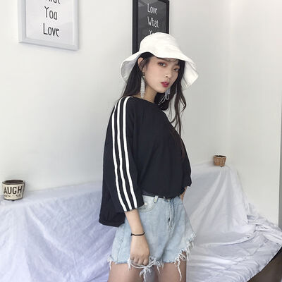 

Casual T Shirt Women Autumn Sports Tops Tees Harajuku Tshirt Sexy Three Quarter Short Sleeve Basic Solid Color