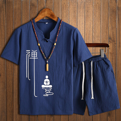 

Toponeto Mens Solid Color Printed Casual Loose Short-sleeved Cotton And Linen Set