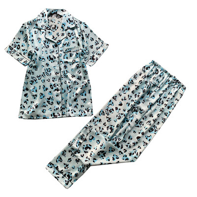 

Toponeto Women Simulation Silk Leopard Print Sleepwear Long Trousers Nightwear Set