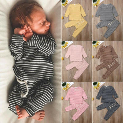 

US Casual Newborn Kid Baby Boy Girl Top T-shirt Clothes Striped Pants Outfit Set